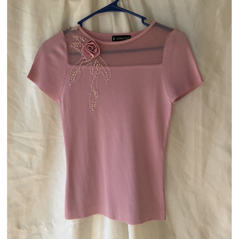 Pink‎ Coquette Sweater Top Beaded Floral Sequin Sleeve Office Blouse